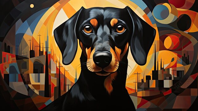 Abstract Dachshund in the city. Digital artwork painting. 
