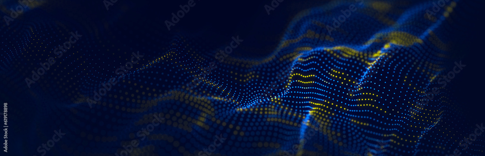 Poster wave of streaming particles on a light blue background. abstract background with dynamic elements of