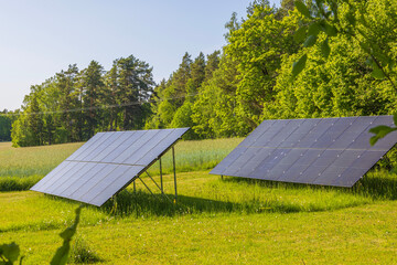 View of big solar panels installed on ground. Sweden.