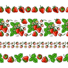 Red strawberries, pink flowers and green leaves. Seamless patterns set. Banner with color berries. Hand-drawn flat image. Vector illustration on a white background.