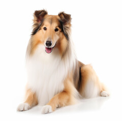 Cute fluffy collie breed dog, close-up portrait, isolated on white, good friend, companion, pet, generative ai
