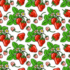 Red strawberries, pink flowers and green leaves. Seamless pattern. Banner with color berries. Hand-drawn flat image. Vector illustration on a white background.