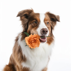 Cute dog holds a beautiful rose flower in his mouth, close-up on a white, congratulatory background, wallpaper, generative ai