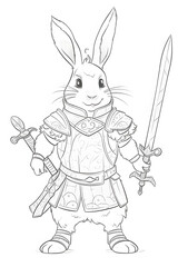 Plakat Rabbit holding a sword. Black and white illustration for coloring book