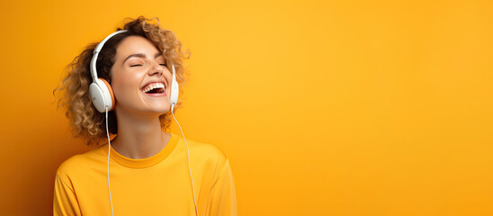 Fototapeta premium Generative AI illustration of smiling woman listening to music - positive and joyful. Solid color yellow background