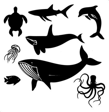 silhouette of set sea animals illustration vector 