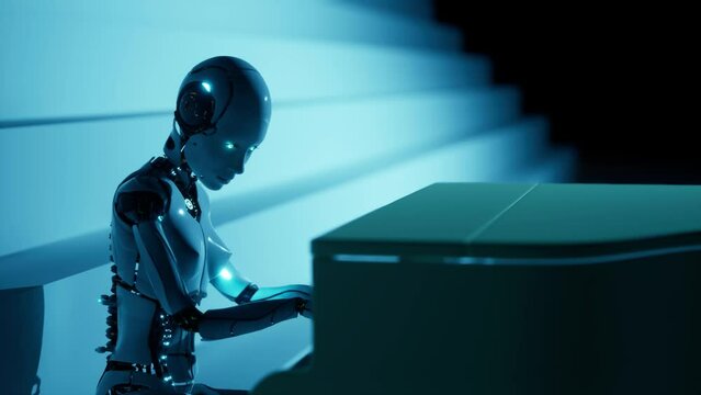 A modern, futuristic robot is playing music on the piano with blue background. An artificial machine is touching the keyboards keys on machine. White humanoid working science art