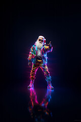 Trendy Santa Claus in fluorescent clothes illuminated by neon lights on a dark background. Concept of Christmas and New Year celebration and party, Luminous colors. Generative AI.