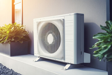Air conditioner next to potted plants and modern building facade. Close-up of the air conditioning system on the background of the wall of the building. Generative AI