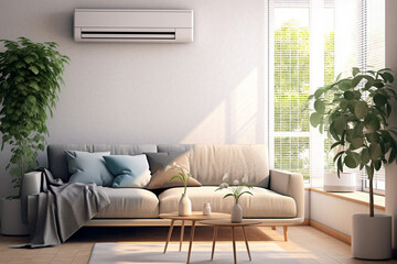 Air conditioning on the wall in the living room with large windows and indoor plants and a sofa. Modern room interior with furniture and air conditioner. Generative AI