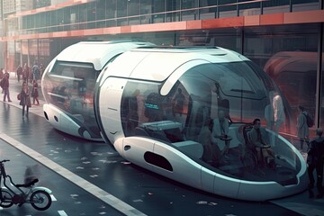 Urban mobility future - tram, metro, subway in futuristic city. Generative AI.
