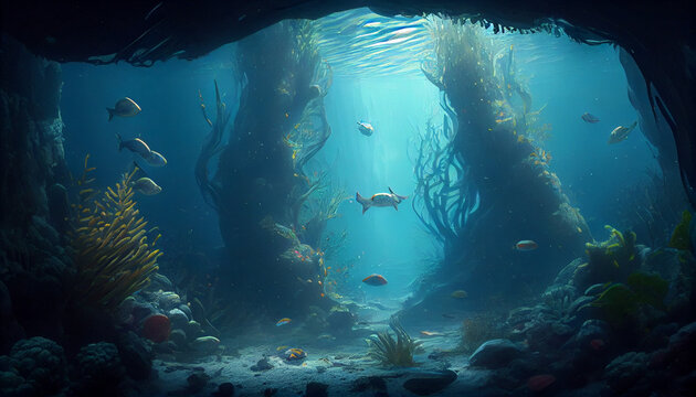  Fantasy underwater seascape with lost city Ai generated image