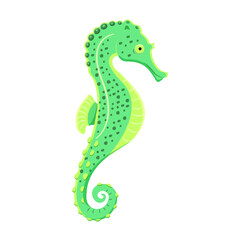 Fototapeta premium Bright green seahorse. Tropical underwater animal. Vector illustration of hippocampus isolated on white background
