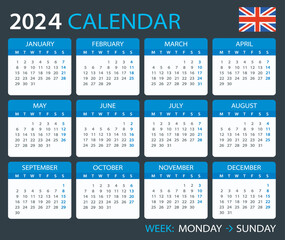 2024 Calendar - vector template graphic illustration - United Kingdom version