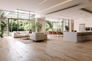 Fototapeta na wymiar Kitchen interior mockup overlooking family room, white and beige modern, beech wood floors, luxury. Generative AI.