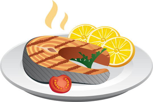 Grilled salmon steak with lemon, tomato and lettuce leaves on white plate. Grilled Salmon fillet fish, isolated on a white background, flat cartoon style icon