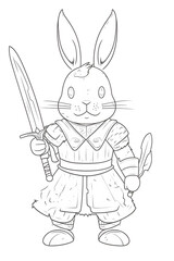 Fototapeta na wymiar Rabbit holding a sword. Black and white illustration for coloring book