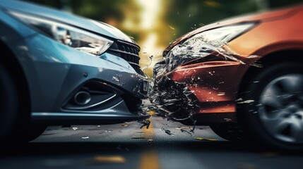Fototapeta na wymiar Accident of two cars on the road close-up. AI generation
