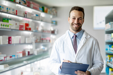 Portrait of caucasian male young pharmacist druggist in white medical coat holding clipboard with...