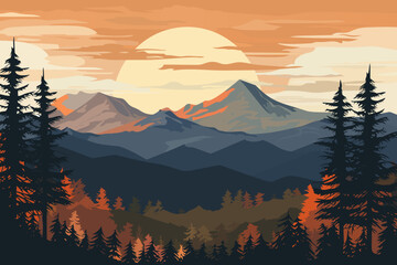 Autumn landscape. Beautiful mountains and forest at sunset. Silhouettes of the forest against the backdrop of mountains.