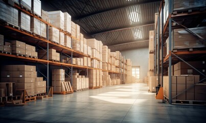 Storehouse interior with stacked cardboard boxes on tall metal racks