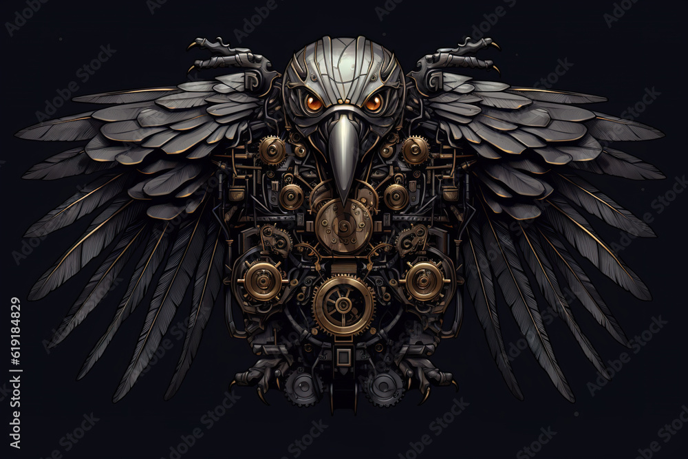 Poster a mechanical bird with wings and gears on a black background. generative ai.