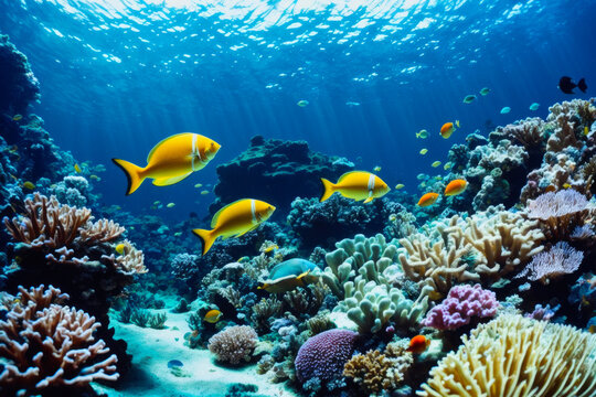 Underwater view of vibrant coral reefs and exotic marine life with beautiful natural ocean background. Wildlife concept of ecological environment. Generative AI