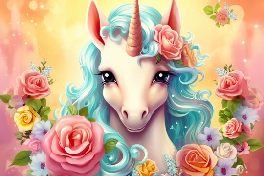 Super girly tough young unicorn animated with long lashes and an attitude on bright background ,Generative AI