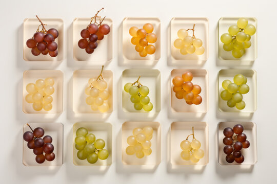 Various kinds of fresh ripe juicy grapes on glass plates. Aesthetic food pattern background. Generative AI.