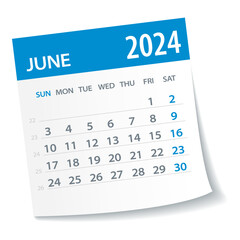 June 2024 Calendar Leaf. Week Starts on Monday. Vector Illustration