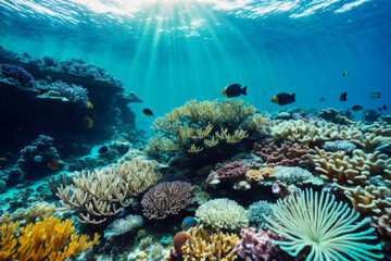 Fototapeta na wymiar Underwater view of vibrant coral reefs and exotic marine life with beautiful natural ocean background. Wildlife concept of ecological environment. Generative AI