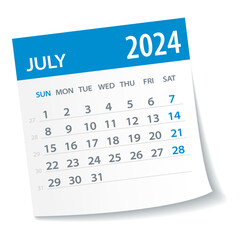 July 2024 Calendar Leaf. Week Starts on Monday. Vector Illustration