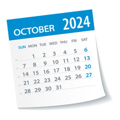 October 2024 Calendar Leaf. Week Starts on Monday. Vector Illustration