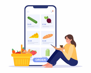 Order fresh fruits and vegetables online via grocery mobile application delivery online concept.