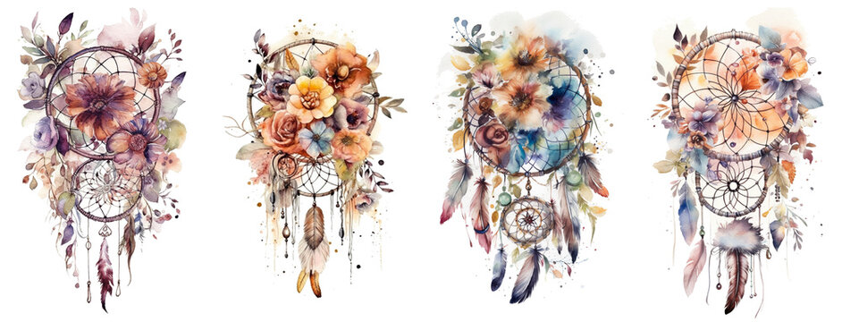 Watercolor dream catchers with flowers and feathers. Generative AI