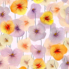 Seamless watercolor pattern of large lilac and yellow flowers on the white background. AI generated.
