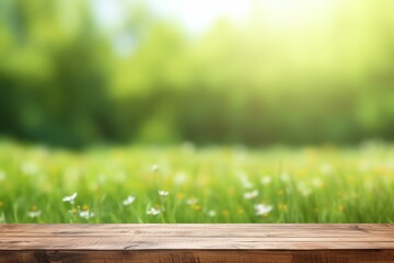 Fototapeta premium Beautiful spring green meadow background with empty wooden table for product display Generative AI