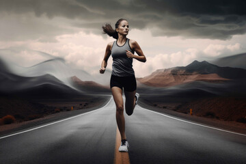 Fototapeta na wymiar Fitness training: woman jogging on a scenic road. Generative AI