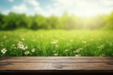 Beautiful spring green meadow background with empty wooden table for product display Generative AI