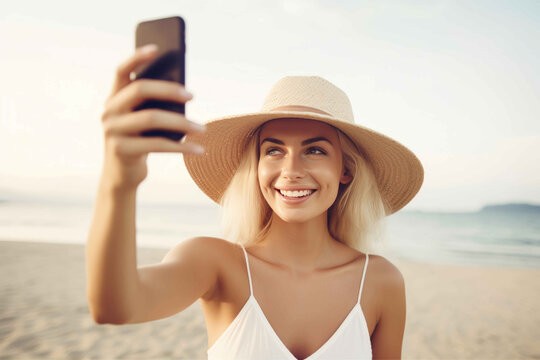 Woman at the Beach, Smiling for the Selfie. Generative AI