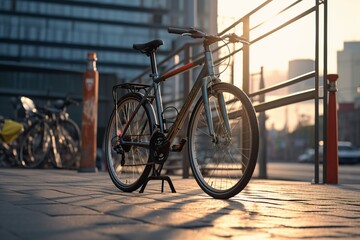 Fototapeta na wymiar Bike parked against a city bike rack Generative AI 