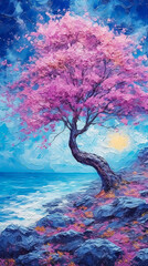 Oil painting of a tree by the sea, fantasy art, poster art.