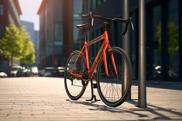 Bike parked against a city bike rack Generative AI	