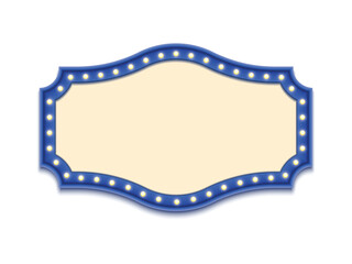 Antique shape marquee vintage 3d lightbox with glowing bulb. Blue color retro frame design vector illustration.