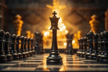 Black king winner surrounded with black gold chess pieces on chess board game competition. concept strategy Generative AI