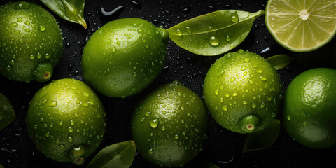 Fototapeta na wymiar Fresh Lime seamless background, adorned with glistening droplets of water. Top down view. AI Generated