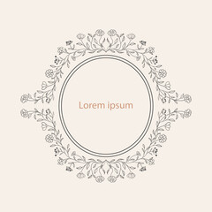 Delicate oval frame framed with flowers. Botanical pattern in the design of invitations, cards, posters. Elegance and minimalism in your design.