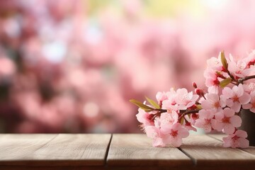 Naklejka na ściany i meble Blossoming sakura cherry tree background with empty wooden table for product display, spring nature blurred background Generative AI