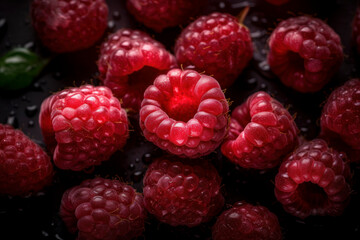 Fresh Raspberries seamless background, adorned with glistening droplets of water. Top down view. AI Generated