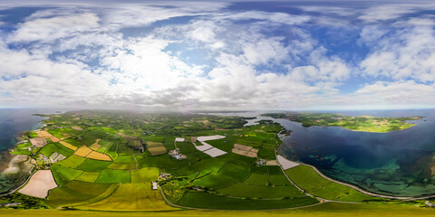Aerial 360 image above fields at Strangford Lough showing the County Down countryside, Northern...